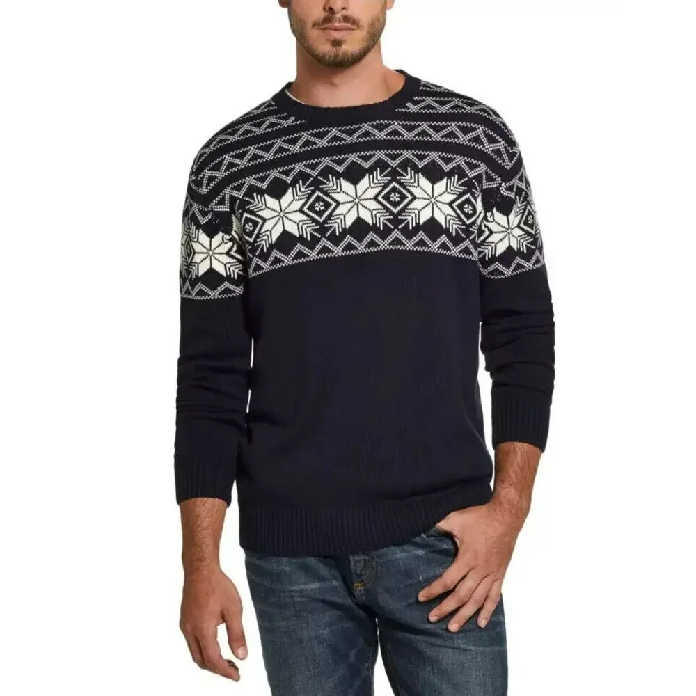 Weatherproof Mens Fair Isle Sweater Navy Fair Isle Crew-neck‎ Sweater Size Large